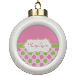 Pink & Green Dots Ceramic Ball Ornament (Personalized)