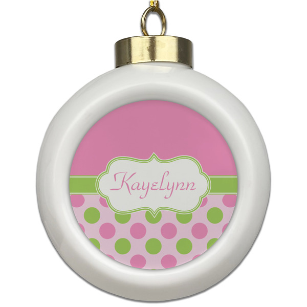 Custom Pink & Green Dots Ceramic Ball Ornament (Personalized)