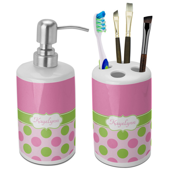 Custom Pink & Green Dots Ceramic Bathroom Accessories Set (Personalized)
