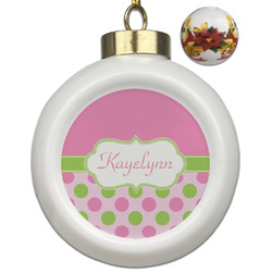 Pink & Green Dots Ceramic Ball Ornaments - Poinsettia Garland (Personalized)