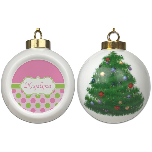 Pink & Green Dots Ceramic Christmas Ornament - X-Mas Tree (APPROVAL)