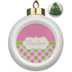 Pink & Green Dots Ceramic Ball Ornament - Christmas Tree (Personalized)