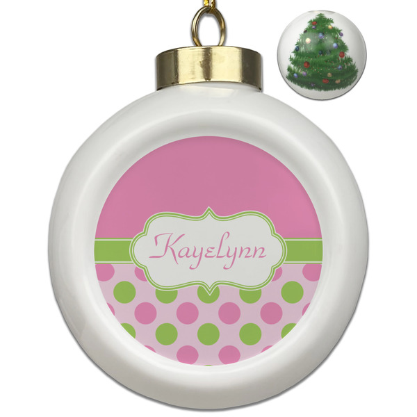 Custom Pink & Green Dots Ceramic Ball Ornament - Christmas Tree (Personalized)