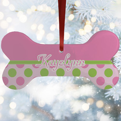 Pink & Green Dots Ceramic Dog Ornament w/ Name or Text