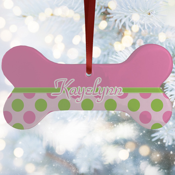 Custom Pink & Green Dots Ceramic Dog Ornament w/ Name or Text