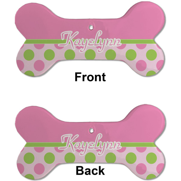 Pink & Green Dots Ceramic Flat Ornament - Bone Front & Back (APPROVAL)