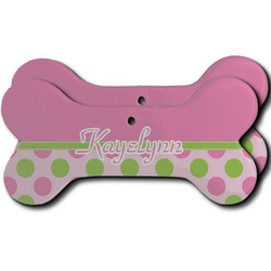 Pink & Green Dots Ceramic Dog Ornament - Front & Back w/ Name or Text