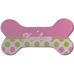 Pink & Green Dots Ceramic Dog Ornament - Front w/ Name or Text