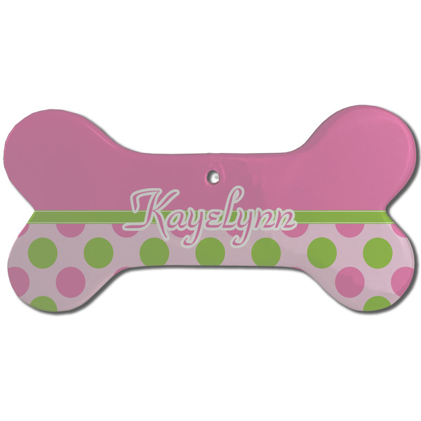 Custom Pink & Green Dots Ceramic Dog Ornament - Front w/ Name or Text