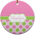 Pink & Green Dots Round Ceramic Ornament w/ Name or Text