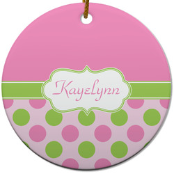 Pink & Green Dots Round Ceramic Ornament w/ Name or Text