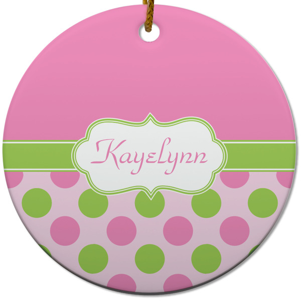 Custom Pink & Green Dots Round Ceramic Ornament w/ Name or Text