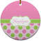 Pink & Green Dots Ceramic Flat Ornament - Circle (Front)
