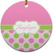 Pink & Green Dots Round Ceramic Ornament w/ Name or Text