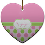 Pink & Green Dots Heart Ceramic Ornament w/ Name or Text