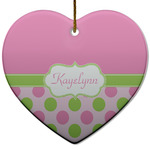 Pink & Green Dots Heart Ceramic Ornament w/ Name or Text