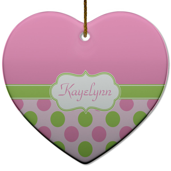 Custom Pink & Green Dots Heart Ceramic Ornament w/ Name or Text