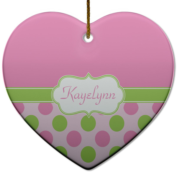 Pink & Green Dots Ceramic Flat Ornament - Heart (Front)