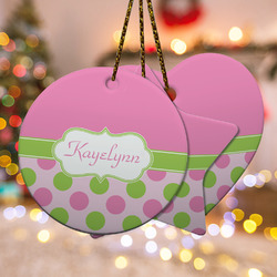 Pink & Green Dots Ceramic Ornament w/ Name or Text