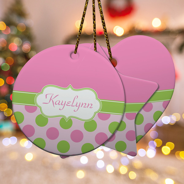 Custom Pink & Green Dots Ceramic Ornament w/ Name or Text