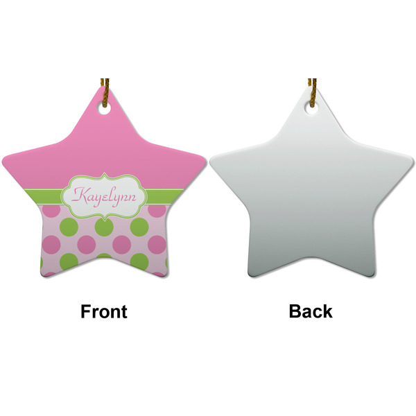 Pink & Green Dots Ceramic Flat Ornament - Star Front & Back (APPROVAL)