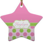 Pink & Green Dots Star Ceramic Ornament w/ Name or Text