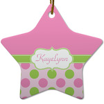 Pink & Green Dots Star Ceramic Ornament w/ Name or Text