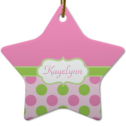 Pink & Green Dots Star Ceramic Ornament w/ Name or Text