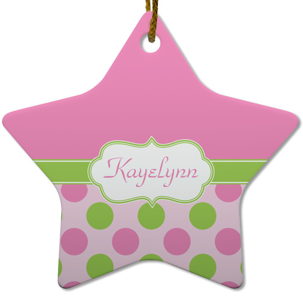 Custom Pink & Green Dots Star Ceramic Ornament w/ Name or Text