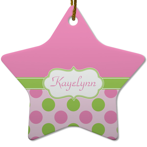 Pink & Green Dots Ceramic Flat Ornament - Star (Front)