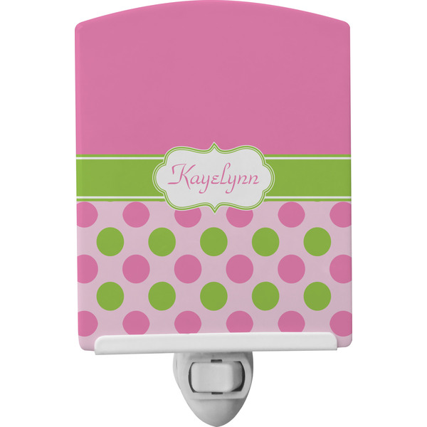 Custom Pink & Green Dots Ceramic Night Light w/ Name or Text