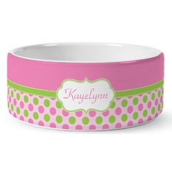 Pink & Green Dots Ceramic Dog Bowl (Personalized)