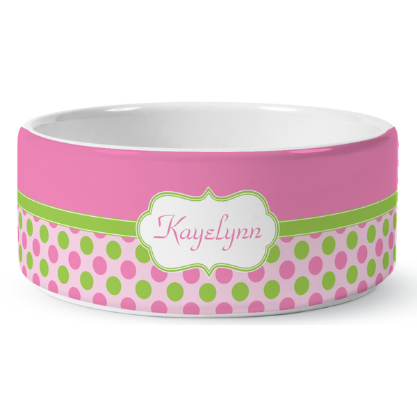 Custom Pink & Green Dots Ceramic Dog Bowl - Large (Personalized)