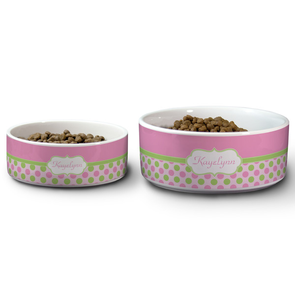 Pink & Green Dots Ceramic Dog Bowls - Size Comparison