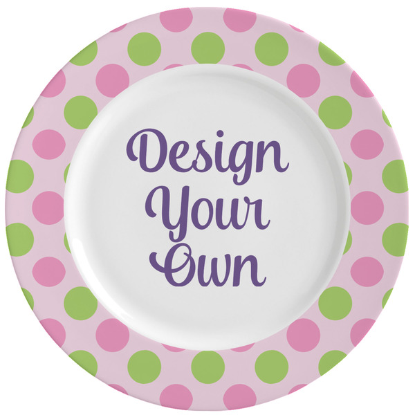Custom Pink & Green Dots Ceramic Dinner Plates (Set of 4) (Personalized)