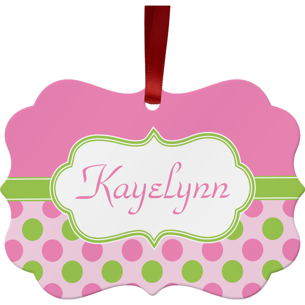 Custom Pink & Green Dots Metal Frame Ornament - Double Sided w/ Name or Text