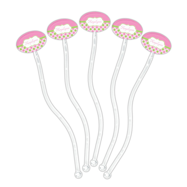 Pink & Green Dots Clear Plastic 7" Stir Stick - Oval - Fan