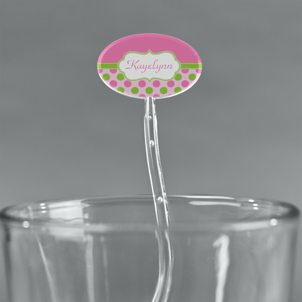 Pink & Green Dots Clear Plastic 7" Stir Stick - Oval - Main