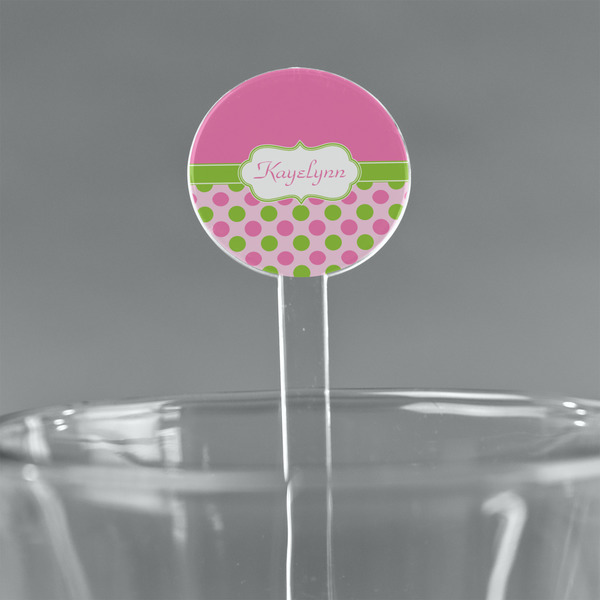 Custom Pink & Green Dots 7" Round Plastic Stir Sticks - Clear (Personalized)