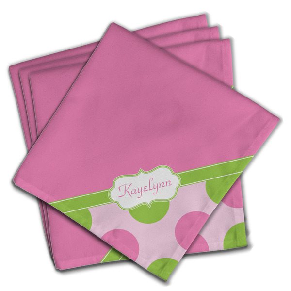 Custom Pink & Green Dots Cloth Dinner Napkins - Set of 4 w/ Name or Text