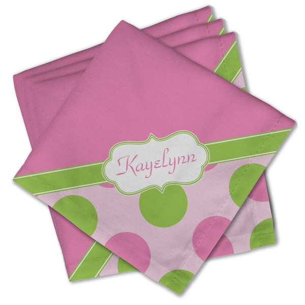 Custom Pink & Green Dots Cloth Cocktail Napkins - Set of 4 w/ Name or Text