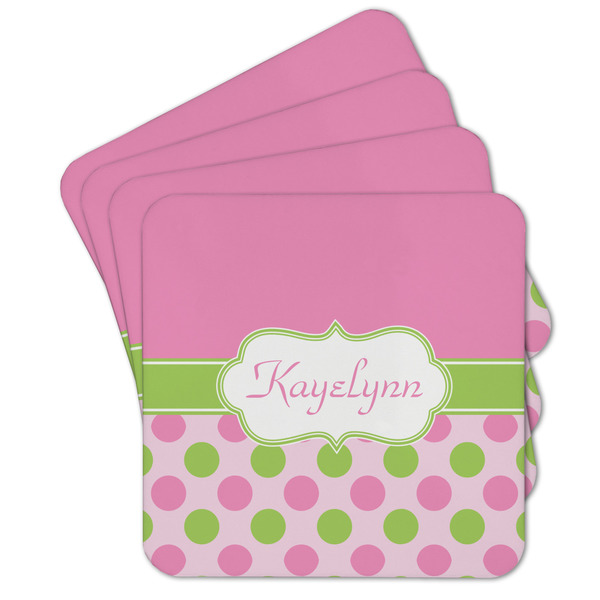 Custom Pink & Green Dots Cork Coaster - Set of 4 w/ Name or Text