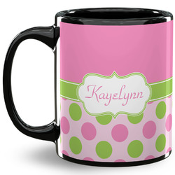 Pink & Green Dots 11 Oz Coffee Mug - Black (Personalized)