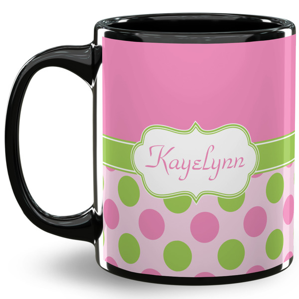 Custom Pink & Green Dots 11 Oz Coffee Mug - Black (Personalized)