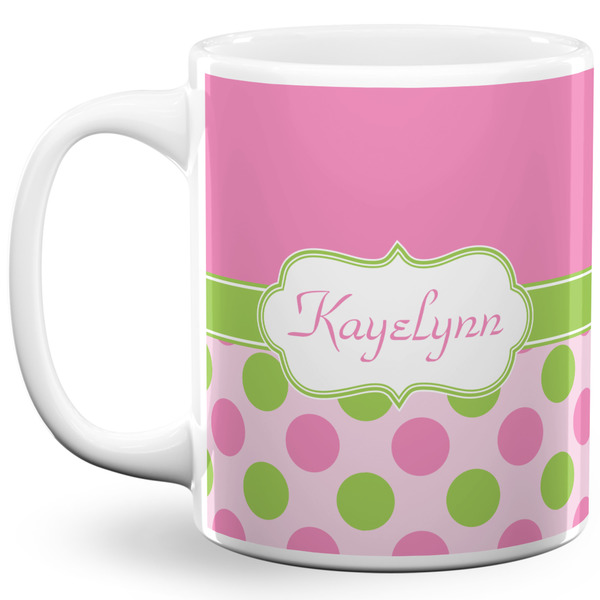 Custom Pink & Green Dots 11 Oz Coffee Mug - White (Personalized)