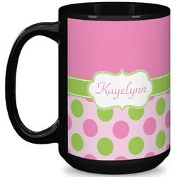 Pink & Green Dots 15 Oz Coffee Mug - Black (Personalized)