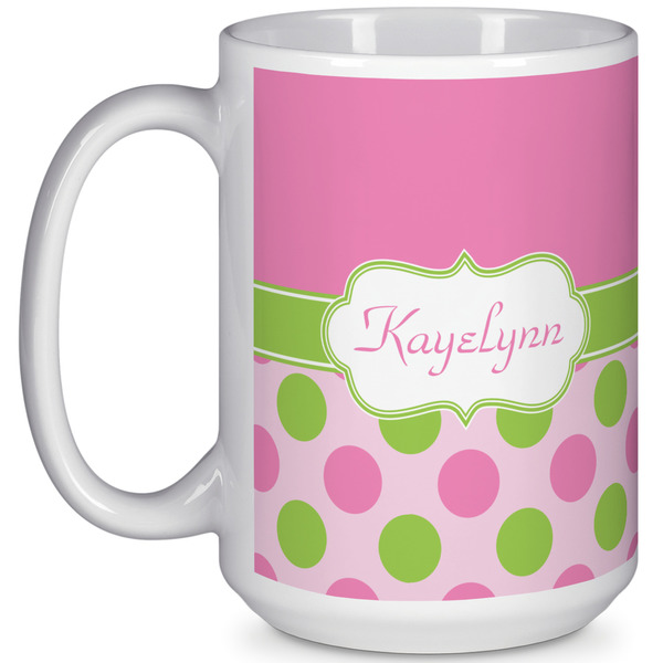 Custom Pink & Green Dots 15 Oz Coffee Mug - White (Personalized)
