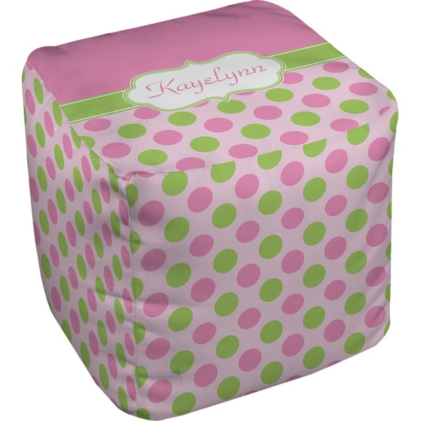 Custom Pink & Green Dots Cube Pouf Ottoman (Personalized)