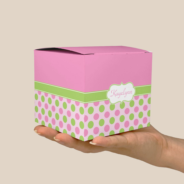 Pink & Green Dots Cube Favor Gift Box - On Hand - Scale View