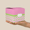 Pink & Green Dots Cube Favor Gift Box - On Hand - Scale View